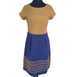 Boden blue and tan short sleeve cotton blend day dress with piping size US 6R